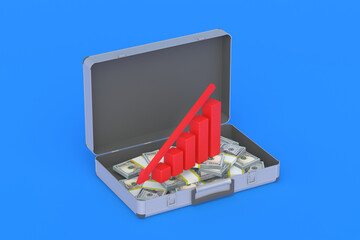 Suitcase full of money near graph with down arrow. Forecasting the investor's losses. Analysis of company's performance. Loss of earnings report. falling financial indicators. 3d render