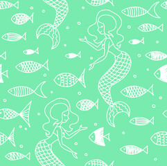 Seamless pattern with cute mermaids, fishes and bubbles.  Sea pattern. 