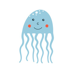 Cute hand drawn jellyfish character with happy face. Vector illustration isolated on white background.