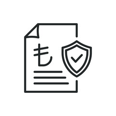 Financial insurance line icon. Turkish lira currency sign on paper with shield isolated. Vector illustration