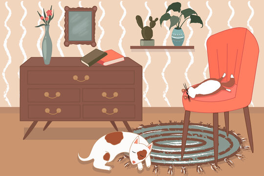 Living room with armchair, chest of drawers and pets. The cat is sleeping on the armchair, the dog is lying on the rug. Interior Design. vector