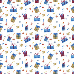 Christmas time. Hand drawn watercolour seamless pattern isolated on white background. 