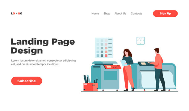 Print house workers using computers and operating big commercial printers for printing banners and posters. Vector illustration for ad agency, printing industry, advertising design concept