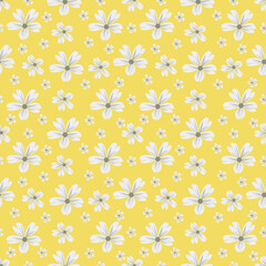 A blooming floral pattern in blooming botanical motifs is scattered randomly. Seamless vector texture. For fashionable prints. Print in a hand-drawn style on a yellow background, vector