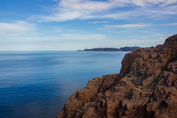 Landscapes of the Murmansk region. Waterfall on Small Battery Lake, Teriberka, Russia.