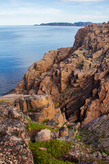 Landscapes of the Murmansk region. Waterfall on Small Battery Lake, Teriberka, Russia.