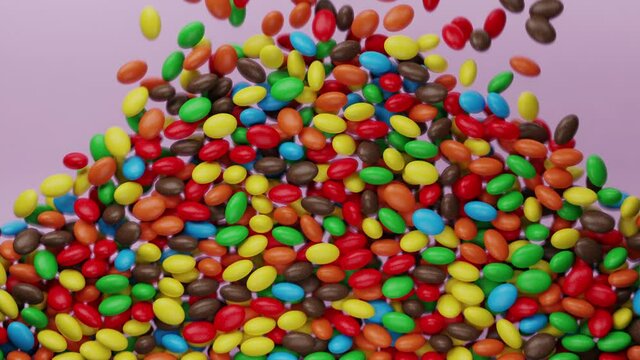 Bright and colorful candy beans or peanuts are falling down. Multicoloured tasty sugar sweets. Chocolate candies filling all the area. Close up. Red, green, yellow colors. Holiday mood. 3D Render 4K