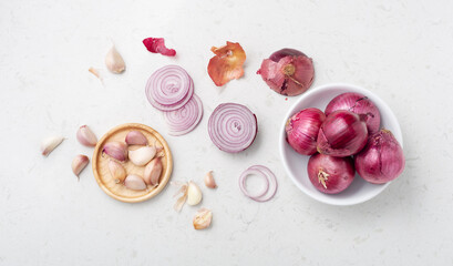 Shallot and garlic, herb on marble table