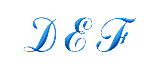 3d alfabet, blue uppercase letters,  D E F