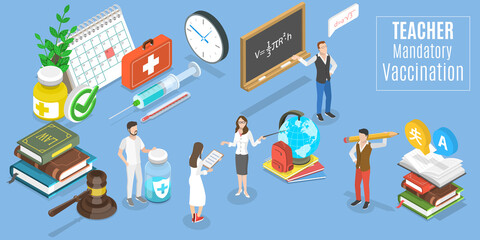 3D Isometric Flat Vector Conceptual Illustration of Teacher Mandatory Vaccination, Teachers are Getting Vaccinated for School Reopening