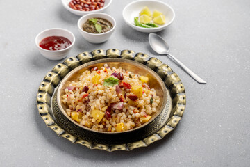 Sabudana khichdi is an Indian dish made from soaked sago or tapioca pearls 