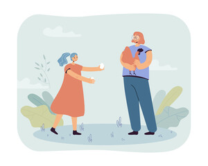 Mother and daughter with hen and eggs. Flat vector illustration. Cartoon woman holding chicken in her hands and girl showing white chicken eggs. Farm, animal, cattle breeding, food, poultry concept