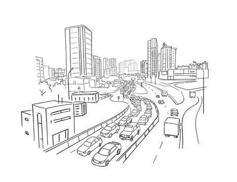 Street, road view. City sketch. Traffic jam. Highway, transport. Building architecture landscape panorama. Hand drawn black line.