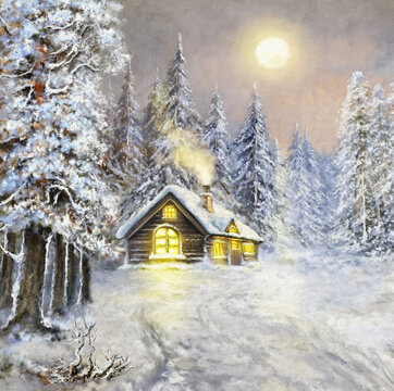 Oil paintings rural landscape,  house in the snow. Winter sunset in snowy forest, old house in the forest. Fine art