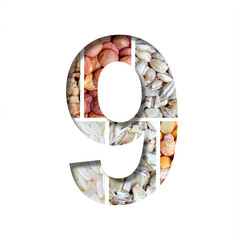Healthy food font. Digit 9, nine is cut from white paper on the background of healthy food from...