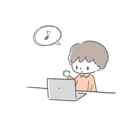 パソコンでのビデオ通話やオンライン授業を楽しむ男の子の手描き風シンプルイラスト