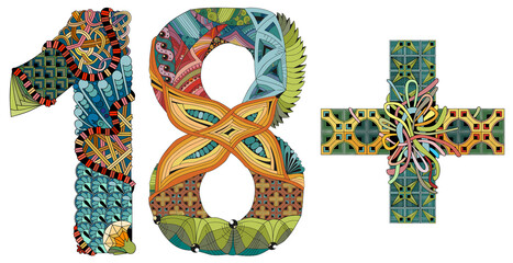 18 plus zentangle style isolated on white background. Adult content. Under eighteen years sign