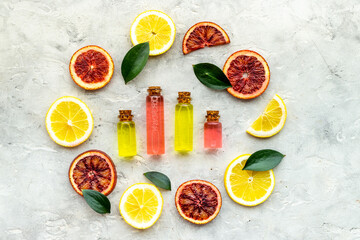 Organic cosmetics essential oil with citrus fruits. Top view