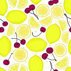 Vector hand drawn lemons and cherries seamless pattern print background. Perfect for textile, book covers, wallpapers, design, graphic art, printing, hobby, invitation, scrapbooking.