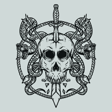 tattoo and t shirt design black and white hand drawn skull snake and sword