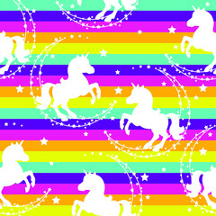Seamless pattern with unicorns, month, stars on a rainbow background. Baby cute colorful background.