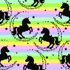 Seamless pattern with unicorns, month, stars on a rainbow background. Baby cute background.
