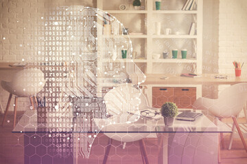 Double exposure of brain drawing and office interior background. Concept of data technology.
