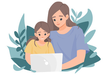 Mother helping daughter study online with laptop concept of online learning, e-learning, education, flat vector illustration