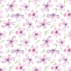 Seamless pattern of watercolor lilac flowers on a white background