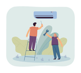Man and woman repairing air conditioning system. Two characters fixing broken conditioner, holding wrench, standing on ladder, communicating. Repairing concept for banner, website or landing page