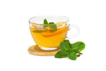 Transparent glass cup with aromatic tea, mint leaves and lemon slice isolated on white background. Part of set.