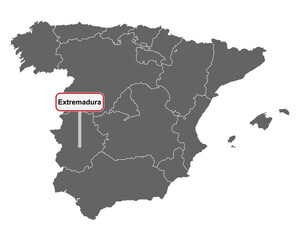 Landkarte von Spanien mit Ortsschild Extremadura