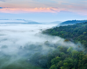 Landscape with forest covered by morning fog	at sunrise