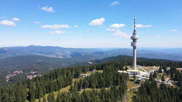 Aerial view of Rhodope Mountains and Snezhanka tower near resort of Pamporovo, Smolyan Region, Bulgaria