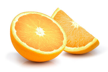 Orange fruit and half slice isolated on white background.