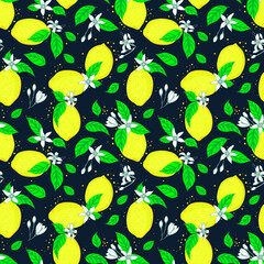 Vector lemons leaves dots blossom seamless pattern print background. Perfect for textile, book covers, wallpapers, design, graphic art, printing, hobby, invitation, scrapbooking.