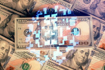 Double exposure of data theme drawing over us dollars bill background. Technology concept.