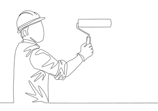 One single line drawing of young workman painting construction building wall with paint roller. Painter wall renovation service concept. Continuous line draw design illustration