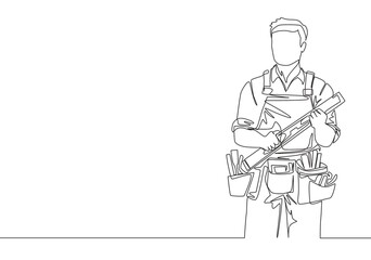 Single continuous line drawing of young handyman wearing building construction uniform while holding spirit level. Craftsman home repair service concept. One line draw design illustration - obrazy, fototapety, plakaty