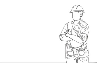One continuous line drawing of young construction builder wearing uniform, tools belt and helmet while crossing his hands. Craftsman home repair service concept. Single line draw design illustration