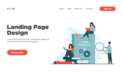 Tiny people with guide instructions or handbooks flat vector illustration. Cartoon characters reading user manual, guidebook or guidance. Help and book with instructions for use concept