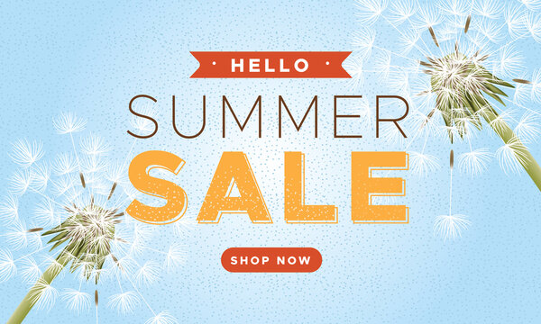 Hello summer sale banner with huge dandelions on blue background.