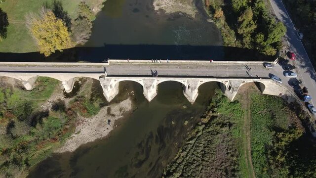 Aerial view of Nineteenth-century bridge over the Yantra River, known as the Kolyu Ficheto Bridge in Byala, Ruse region, Bulgaria