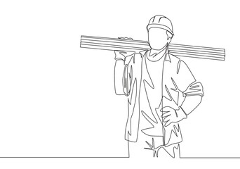 Single continuous line drawing of young lumberjack wearing helmet and glove while carrying stack of woods. Carpenter building maintenance service concept. One line draw design illustration