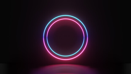 3d render of pink blue light circle and reflect on dark background, abstract minimal concept, blank space, simple clean design
