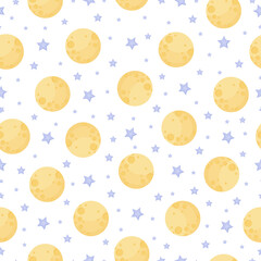 A bright cosmic seamless baby pattern consisting of a yellow moon and blue stars. Lunar pattern with stars. Full moon in the sky .Vector illustration on white background.