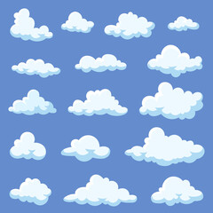 Set of cartoon clouds isolated on blue background. White fluffy vapors illustrations in 2d style. Calm atmosphere, bright blue sky, heaven. Nature, weather concept for adverts or banners design