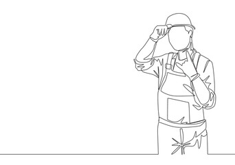 Single continuous line drawing of young craftsman wearing workman uniform and helmet. Repairman construction maintenance service concept. One line draw design illustration