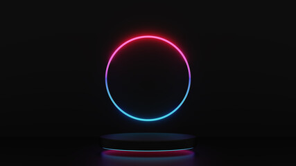 3d render of pink blue light pedestal steps with circle isolated on dark background, abstract minimal concept, blank space, simple clean design