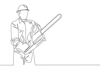 One continuous line drawing of young attractive woodworker holding big chainsaw to cut the tree. Lumberjack cutting wood concept